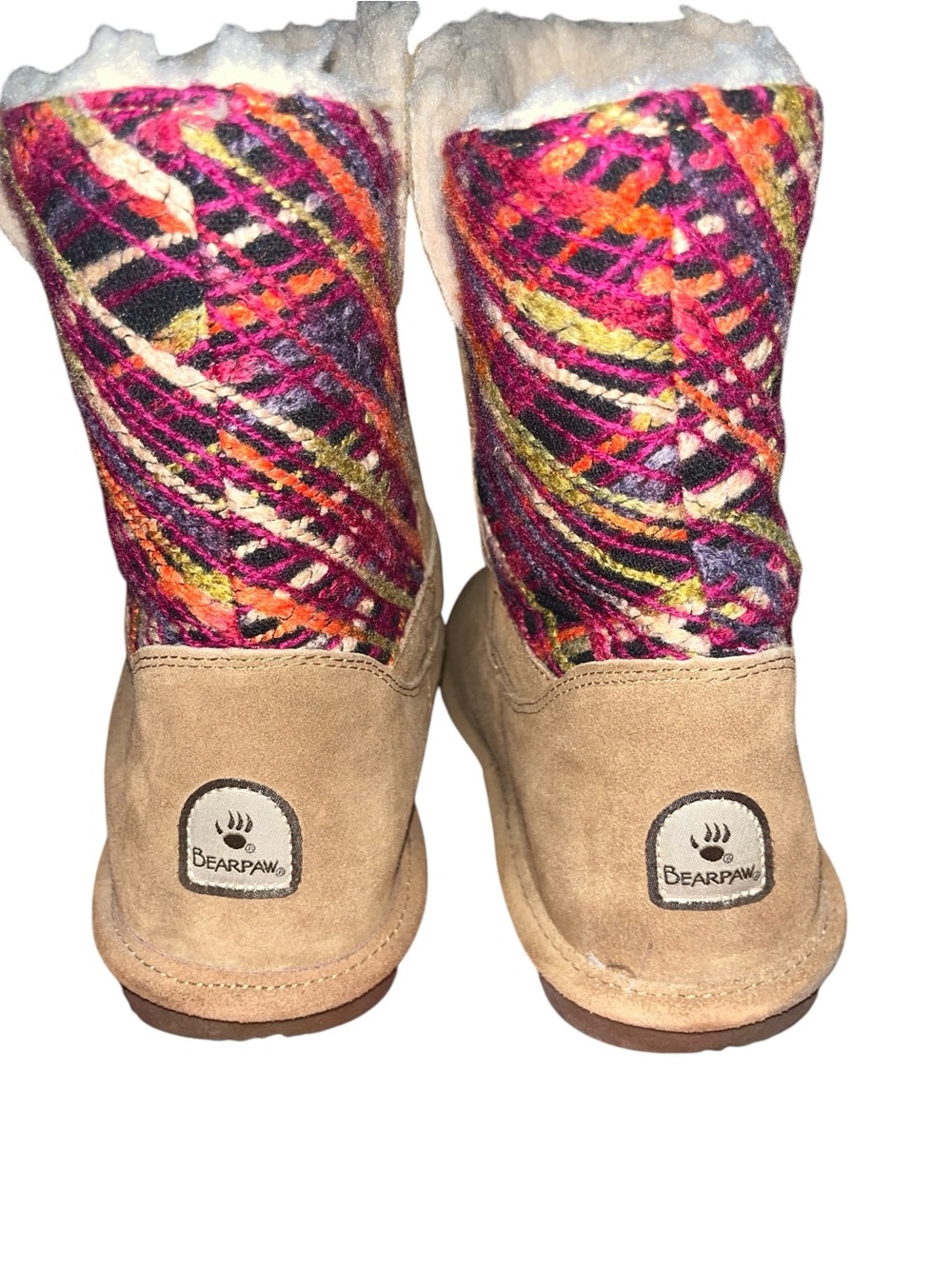 Rare BearPaw Tan Suede Boots with Multicolor Knit Shaft size 8.